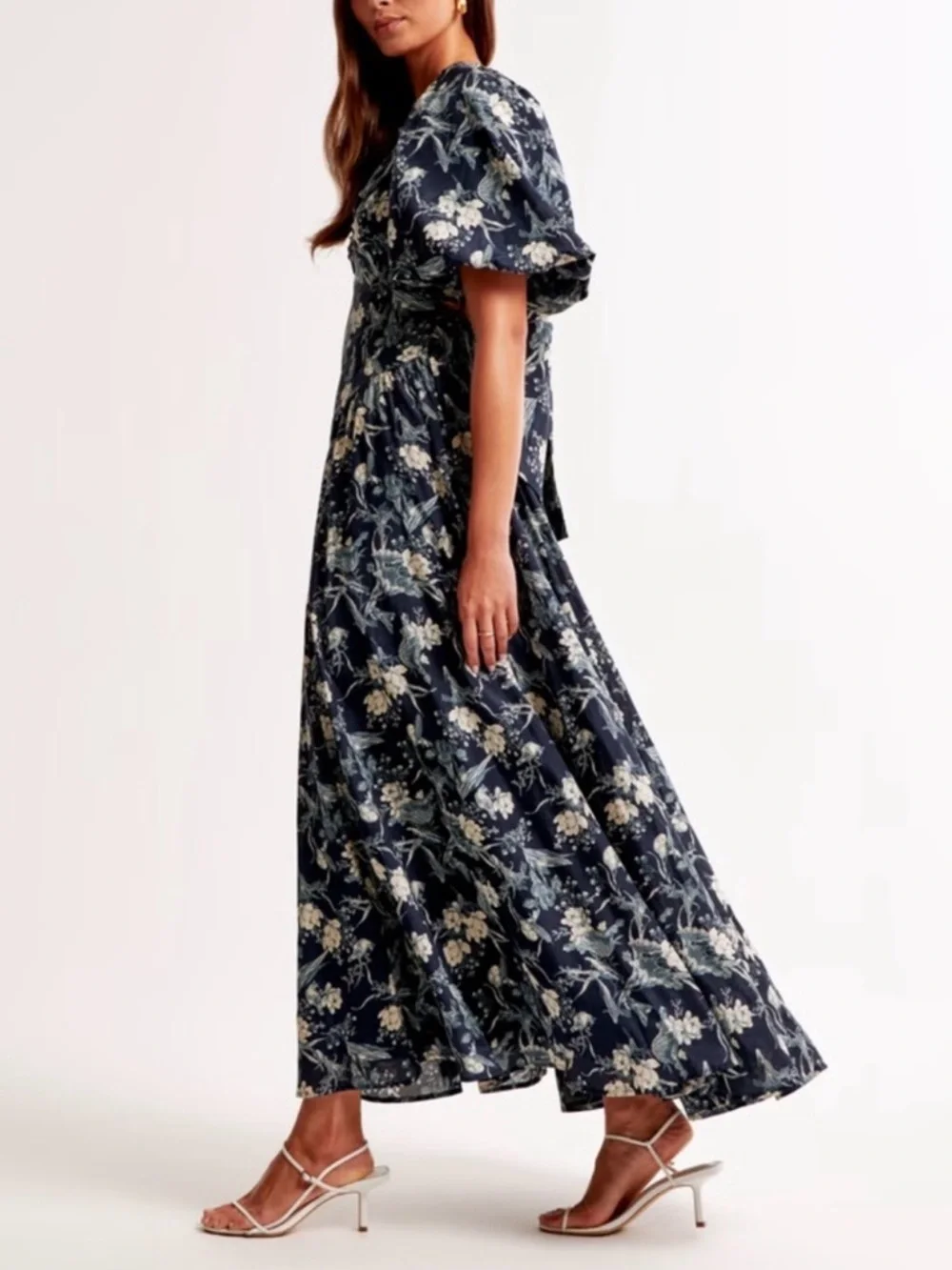 Abercrombie Hardware Drama Puff Sleeve Maxi Dress Navy Floral Dress XS Tall - Picture 4 of 7